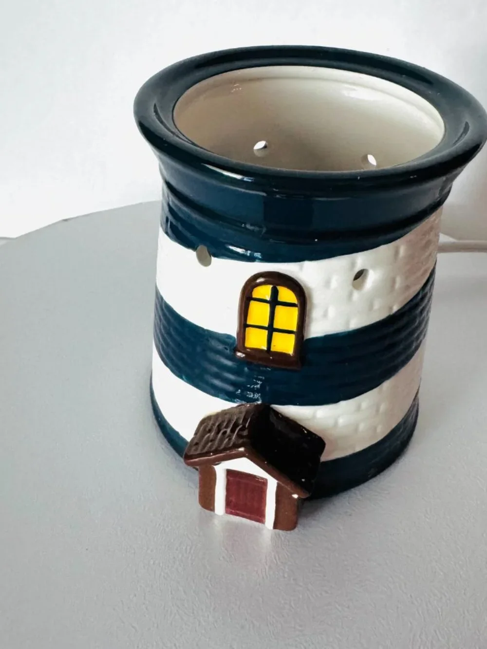 Retired Scentsy Nautical Lighthouse Blue White Ceramic Wax Warmer  TESTED